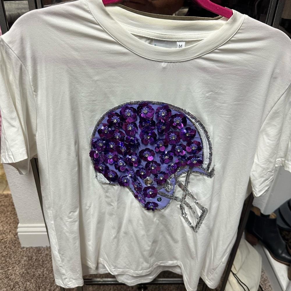 Queen of sparkles White T-Shirt with Purple Sequin Helmet Design medium